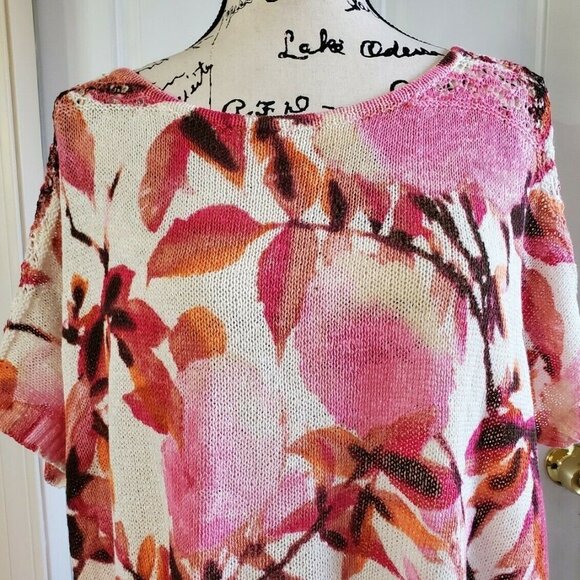 Chicos Pink Floral Cherry Blossom Print Netting Spring Summer Blouse Top Size 2 - Picture 3 of 13